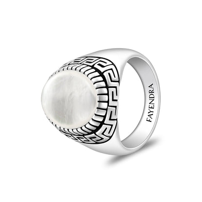 Sterling Silver 925 Ring Rhodium And Black Plated Embedded With Cabochon White Shell For Men