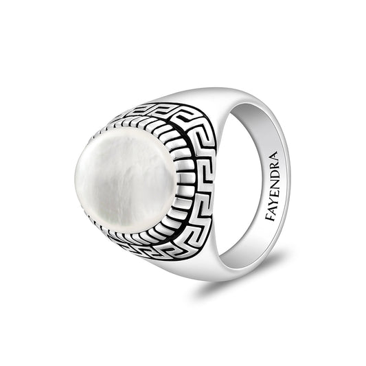 Sterling Silver 925 Ring Rhodium And Black Plated Embedded With Cabochon White Shell For Men