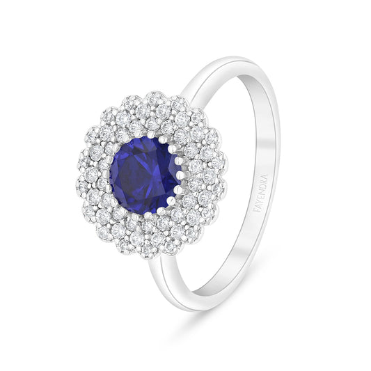 Sterling Silver 925 Ring Rhodium Plated Embedded With Sapphire Corundum And White Zircon
