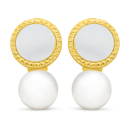 Sterling Silver 925 Earring Golden Plated Embedded With Natural White Pearl And White Shell