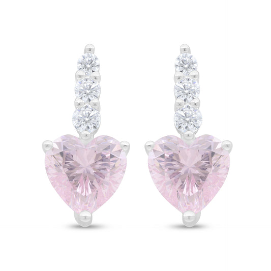 Sterling Silver 925 Earring Rhodium Plated Embedded With Pink Zircon And White Zircon