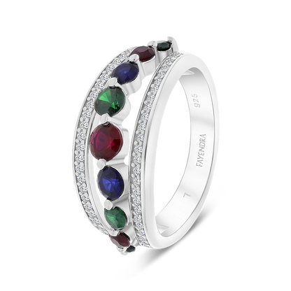 Sterling Silver 925 Ring Rhodium Plated Sapphire Corundum , Ruby Corundum , Emerald Zircon