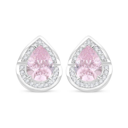 Sterling Silver 925 Earring Rhodium Plated Embedded With pink Zircon And White Zircon