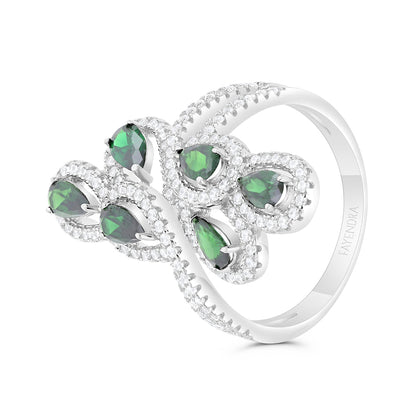 Sterling Silver 925 Ring Rhodium Plated Embedded With Emerald Zircon And White CZ