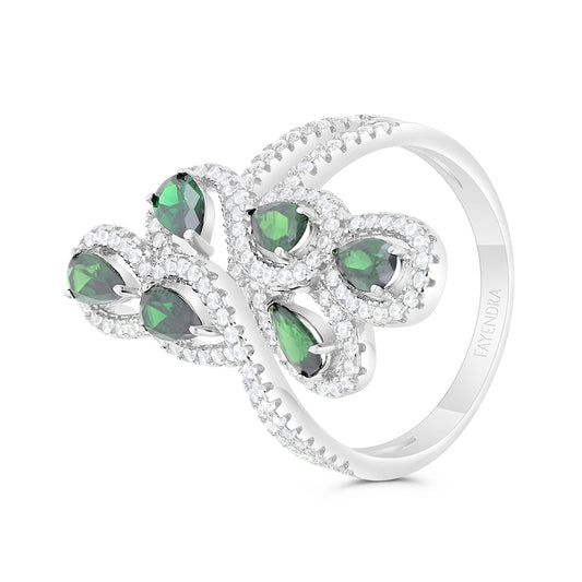 Sterling Silver 925 Ring Rhodium Plated Embedded With Emerald Zircon And White CZ