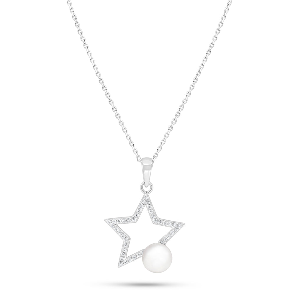 عقد من الفضة الخالصة عيار 925 مطلي روديوم مرصع لولو ابيض طبيعي و فص ابيض