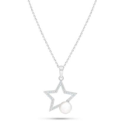 عقد من الفضة الخالصة عيار 925 مطلي روديوم مرصع لولو ابيض طبيعي و فص ابيض