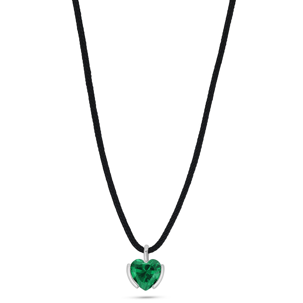 Sterling Silver 925 Necklace Rhodium Plated Embedded With Emerald Zircon and Black cloth chain