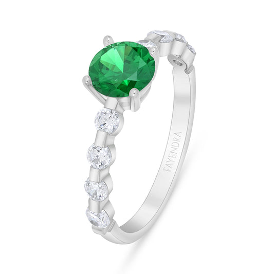 Sterling Silver 925 Ring Rhodium Plated Embedded With Emerald Zircon And White Zircon