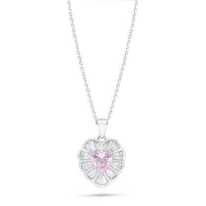 Sterling Silver 925 Necklace Rhodium Plated Embedded With Pink Zircon And White Zircon