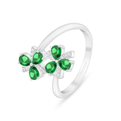 Sterling Silver 925 Ring Rhodium Plated Embedded With Emerald Zircon And White Zircon