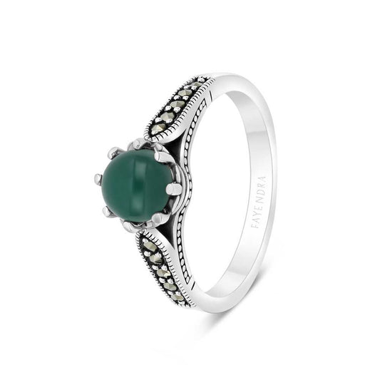 Sterling Silver 925 Ring Embedded With Natural Green Agate And Marcasite Stones