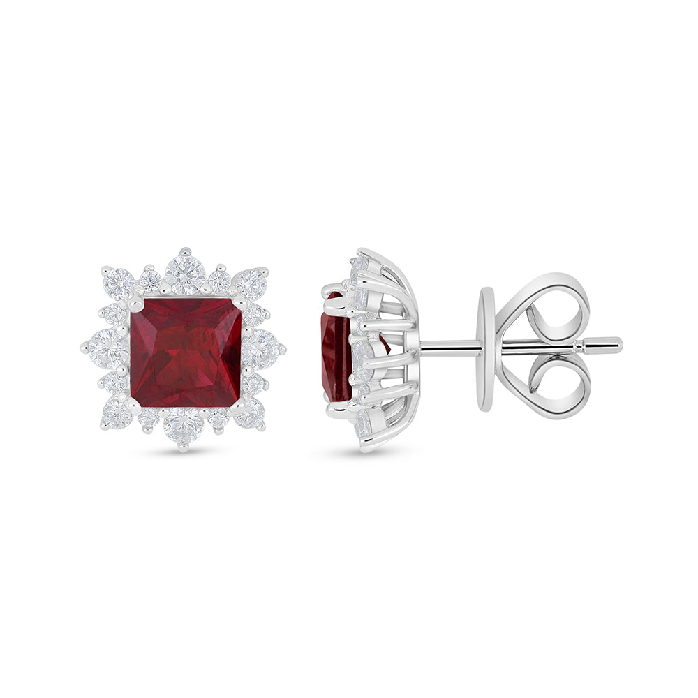 Sterling Silver 925 Earring Rhodium Plated Embedded With Ruby Corundum And White Zircon