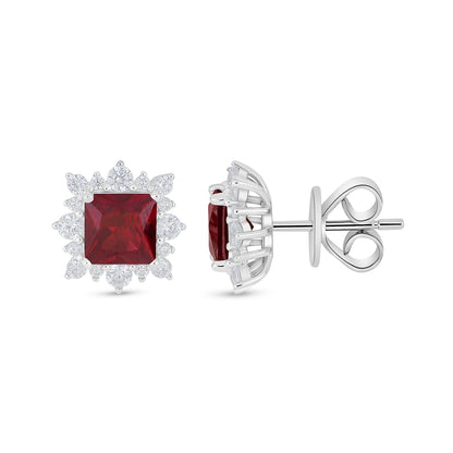 Sterling Silver 925 Earring Rhodium Plated Embedded With Ruby Corundum And White Zircon