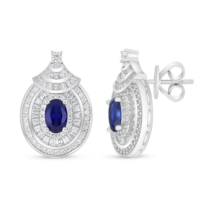 Sterling Silver 925 Earring Rhodium Plated Embedded With Sapphire Corundum And White Zircon