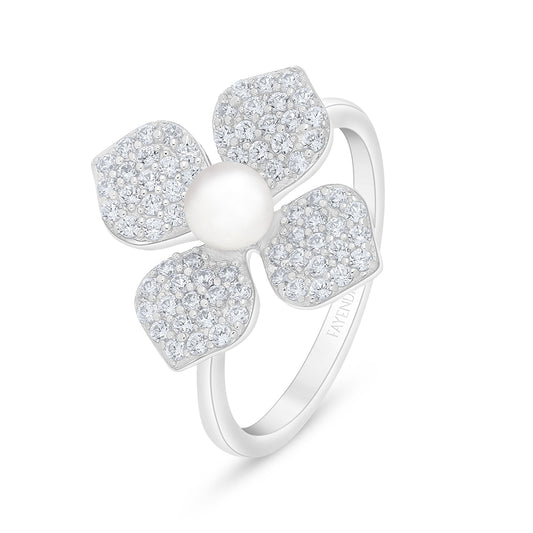 Sterling Silver 925 Ring Rhodium Plated Embedded With Natural White Pearl And White Zircon
