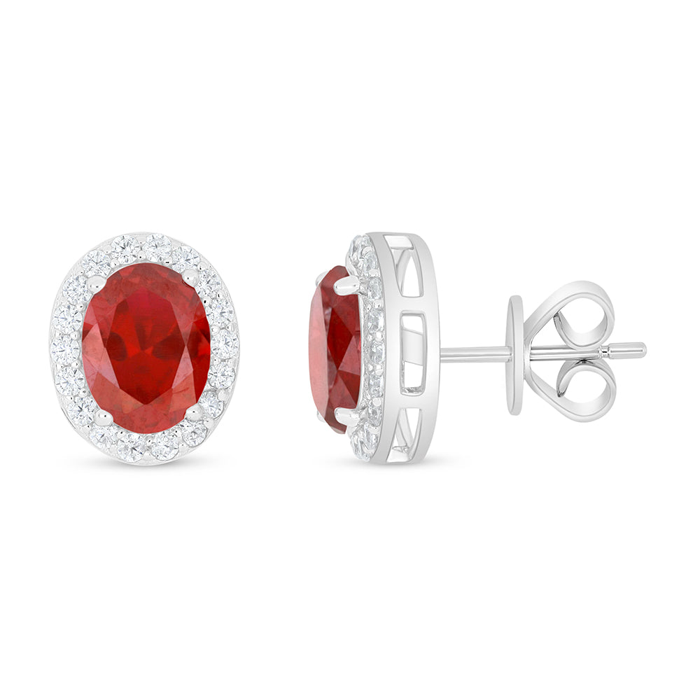 Sterling Silver 925 Earring Rhodium Plated Embedded With Ruby Corundum And White Zircon