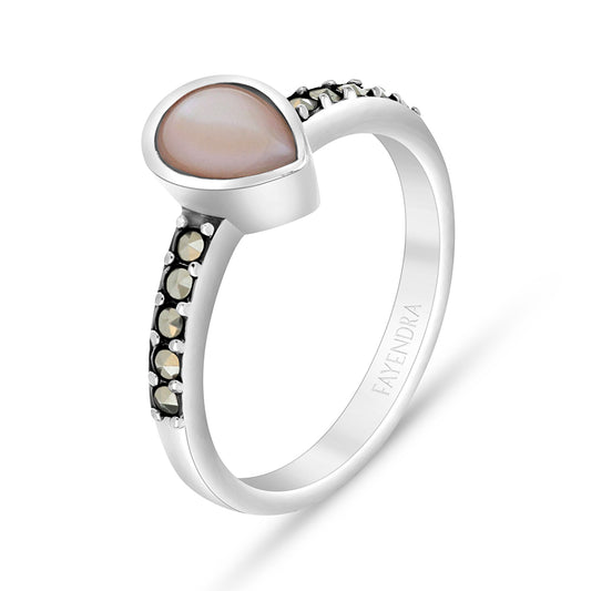 Sterling Silver 925 Ring Embedded With Natural Pink Shell And Marcasite Stones