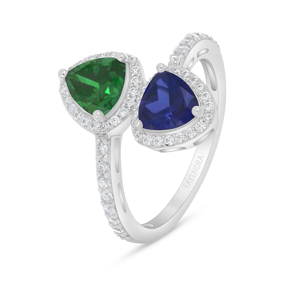 Sterling Silver 925 Ring Rhodium Plated Embedded With Sapphire Corundum and Emerald Zircon And White Zircon