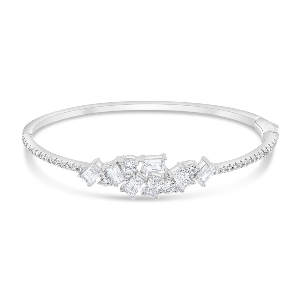 Sterling Silver 925 Bangle Rhodium Plated Embedded With White Zircon Size 6