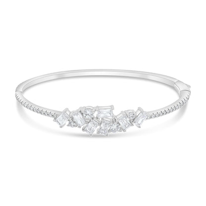 Sterling Silver 925 Bangle Rhodium Plated Embedded With White Zircon Size 6