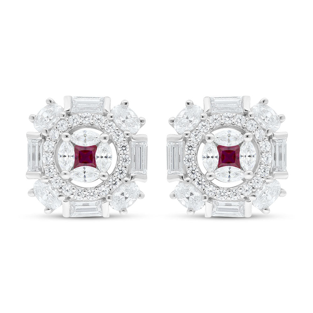 Sterling Silver 925 Earring Rhodium Plated Embedded With Ruby Corundum And White Zircon