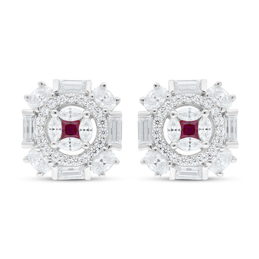 Sterling Silver 925 Earring Rhodium Plated Embedded With Ruby Corundum And White Zircon