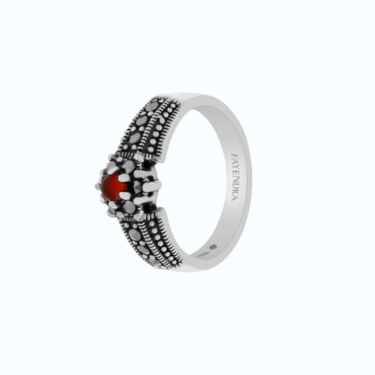 Sterling Silver 925 Ring Embedded With Natural Aqiq And Marcasite Stones