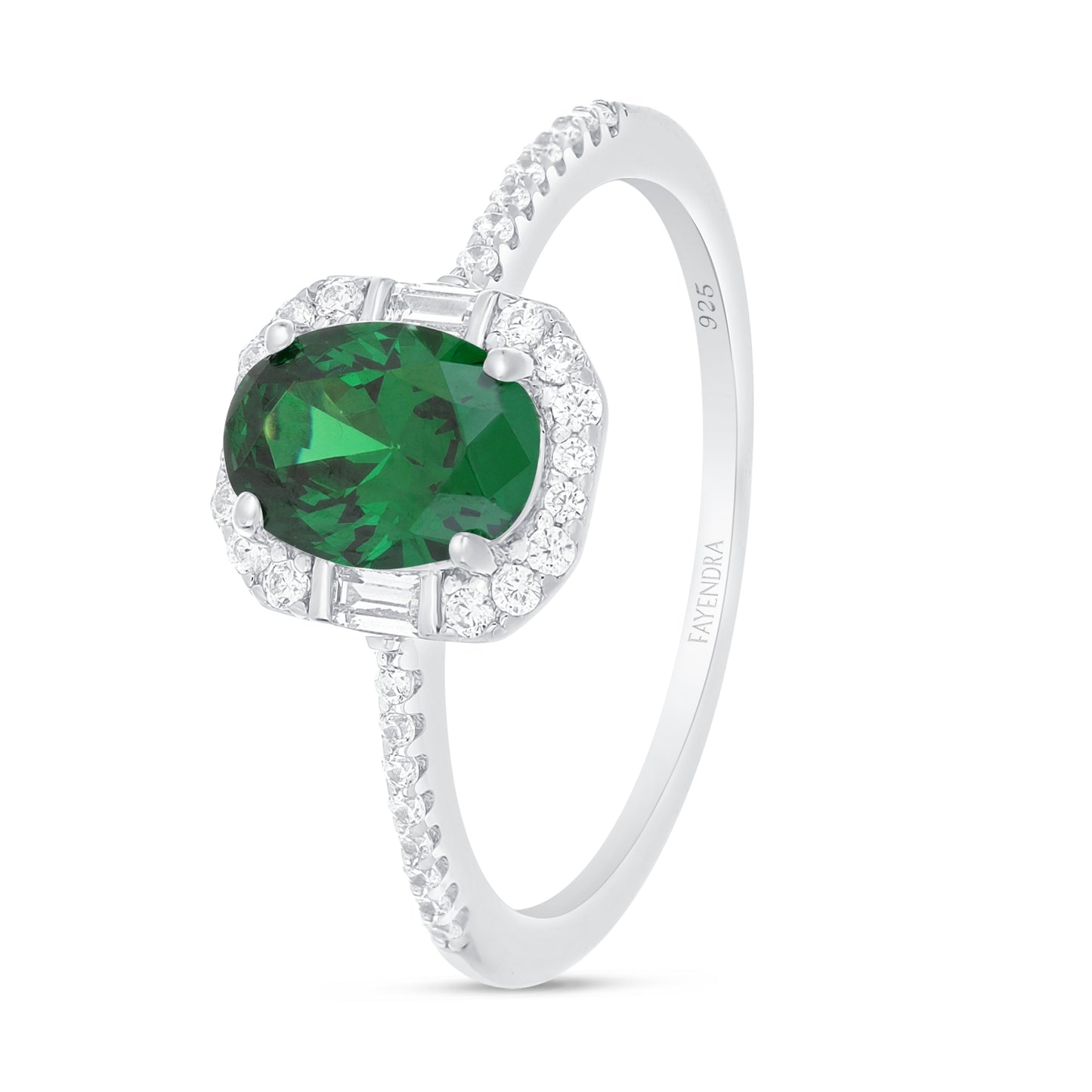 Sterling Silver 925 Ring Rhodium Plated Embedded With Emerald Zircon And White Zircon