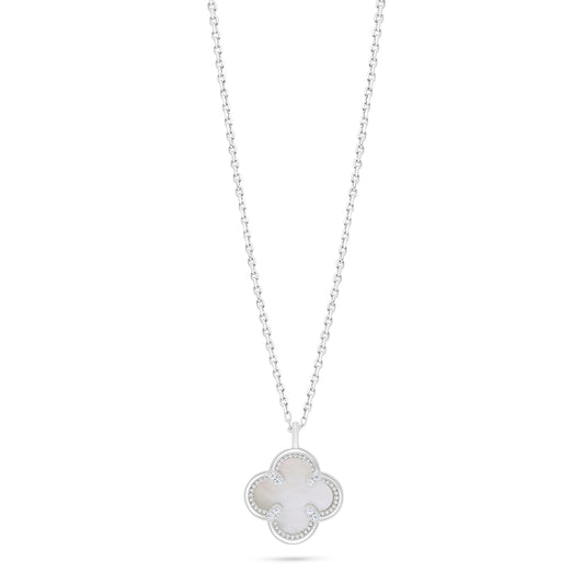 Sterling Silver 925 Necklace Rhodium Plated Embedded With White Shell And White Zircon