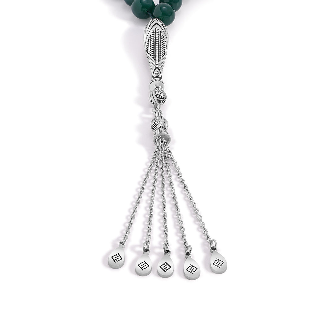 Rosary 45 Green Agete Cabochon Beads 10 mm With Stainless Steel 316L Set Silver And Black Plated