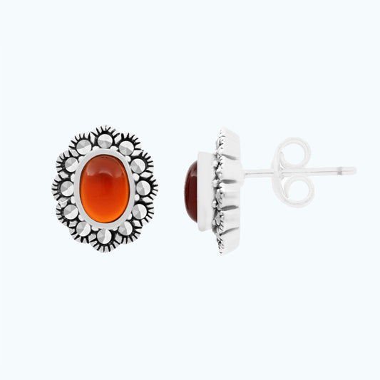 Sterling Silver 925 Earring Embedded With Natural Aqiq And Marcasite Stones