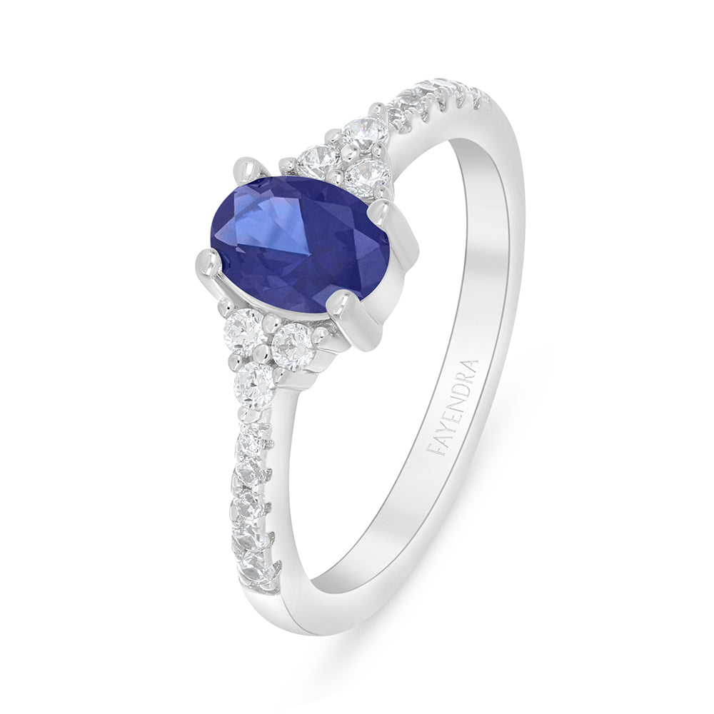Sterling Silver 925 Ring Rhodium Plated Embedded With Sapphire Corundum And White Zircon