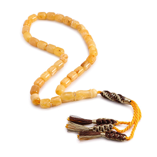 Rosary 33 Embedded With Natural Yellow Amber Barrel-Shaped Cabochon 9*11 mm And Fabric Tassel