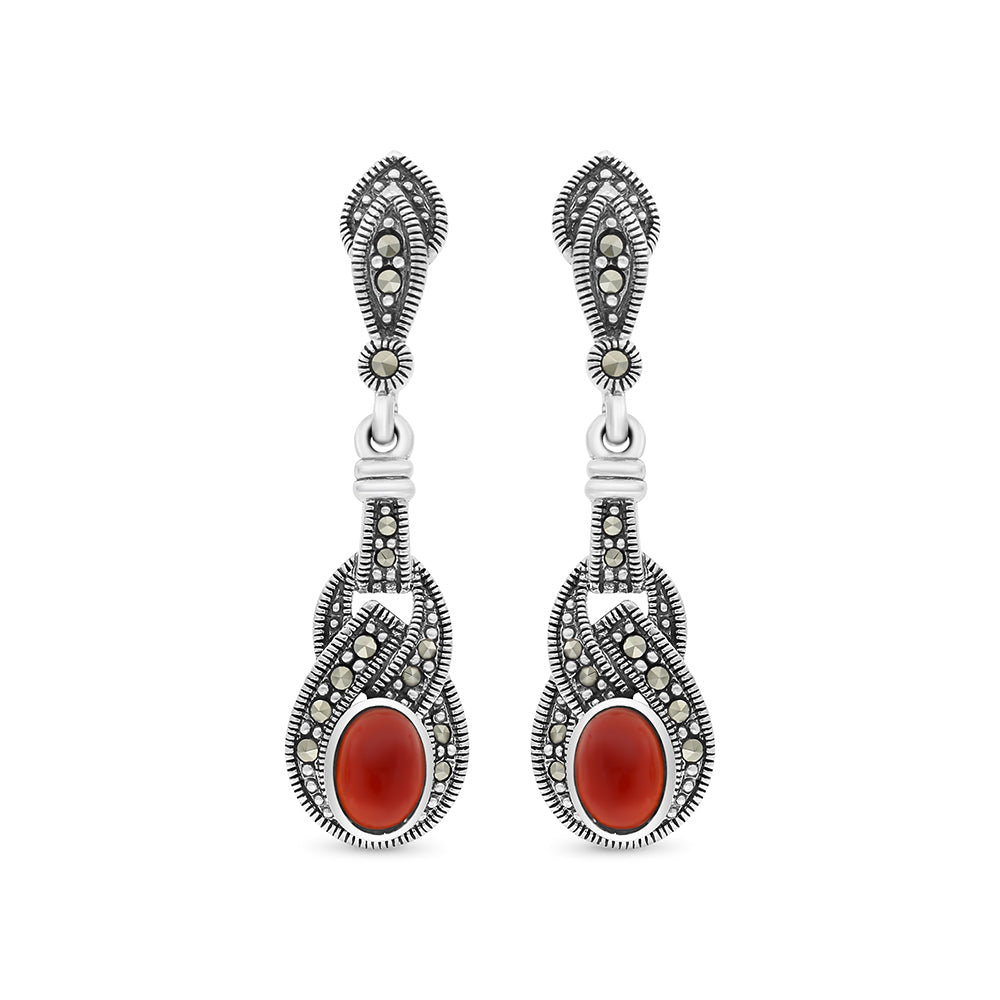 Sterling Silver 925 Earring Embedded With Natural Aqiq And Marcasite Stones