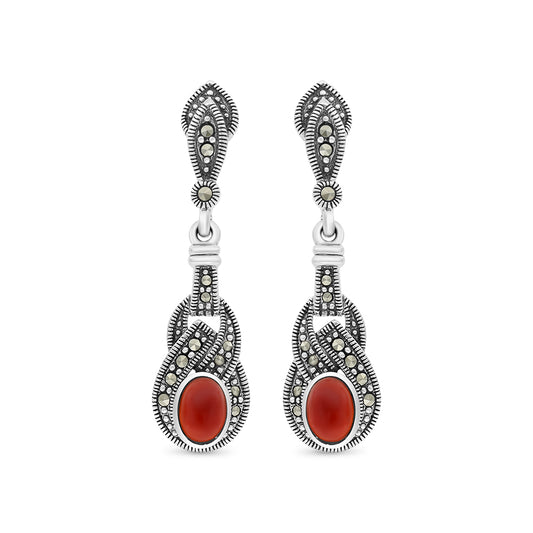 Sterling Silver 925 Earring Embedded With Natural Aqiq And Marcasite Stones
