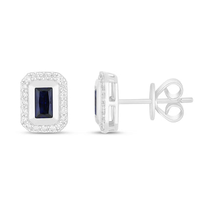 Sterling Silver 925 Earring Rhodium Plated Embedded With Sapphire Corundum And White Zircon