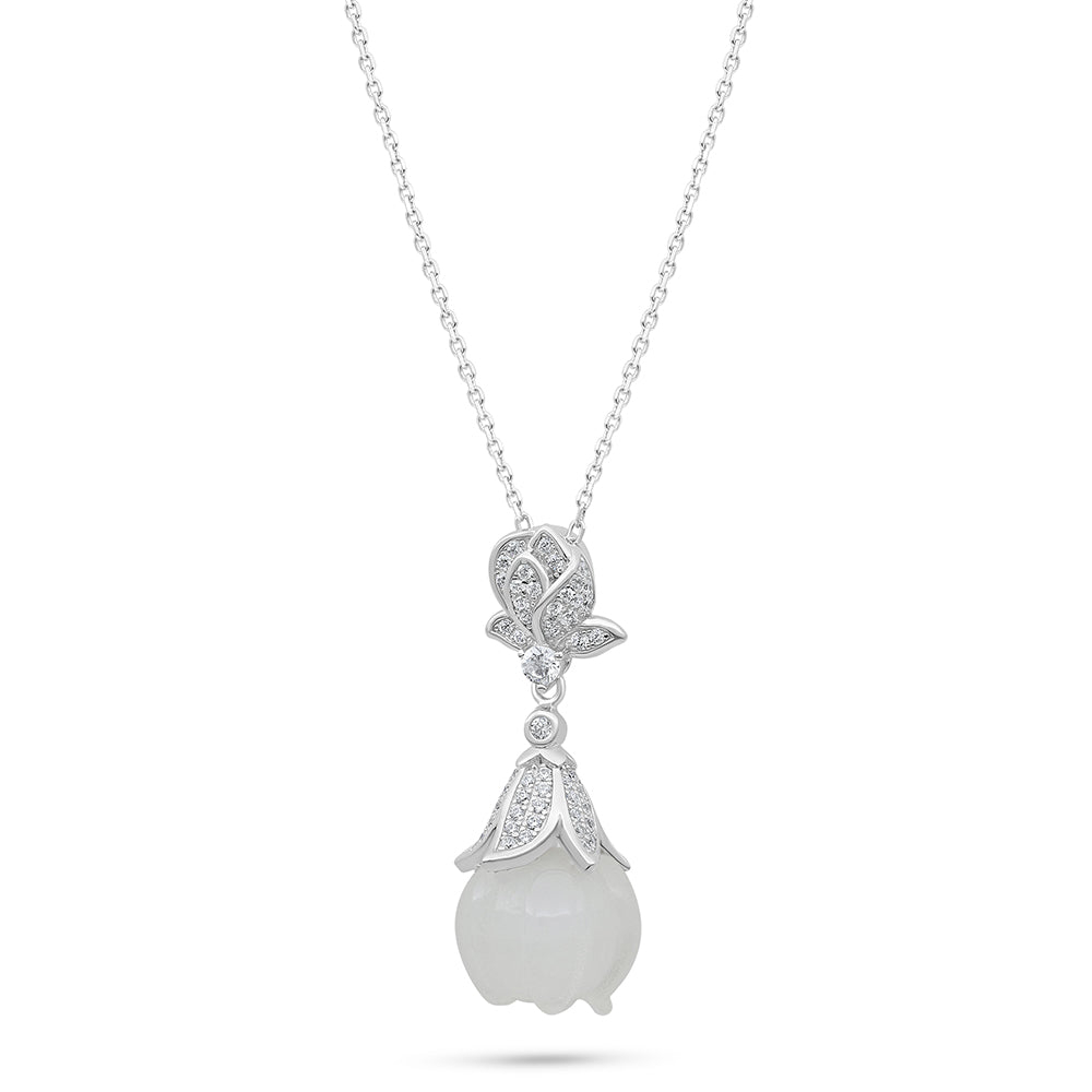 Sterling Silver 925 Necklace Rhodium Plated Embedded With White Shell And White Zircon