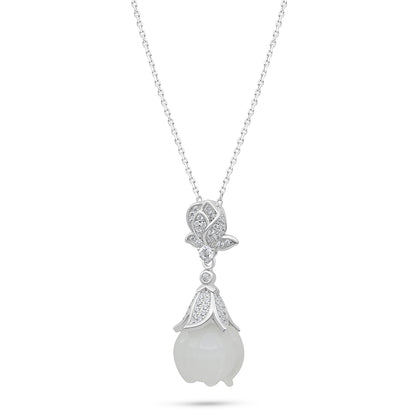 Sterling Silver 925 Necklace Rhodium Plated Embedded With White Shell And White Zircon