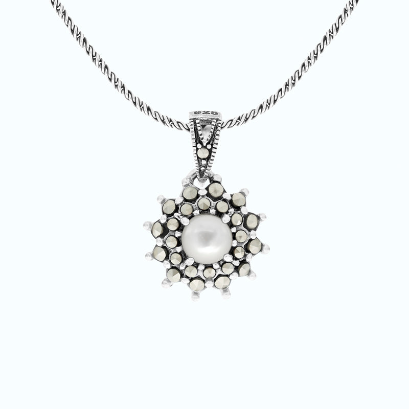 Sterling Silver 925 Pendant Embedded With Natural White Shell And Marcasite Stones