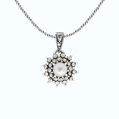 Sterling Silver 925 Pendant Embedded With Natural White Shell And Marcasite Stones