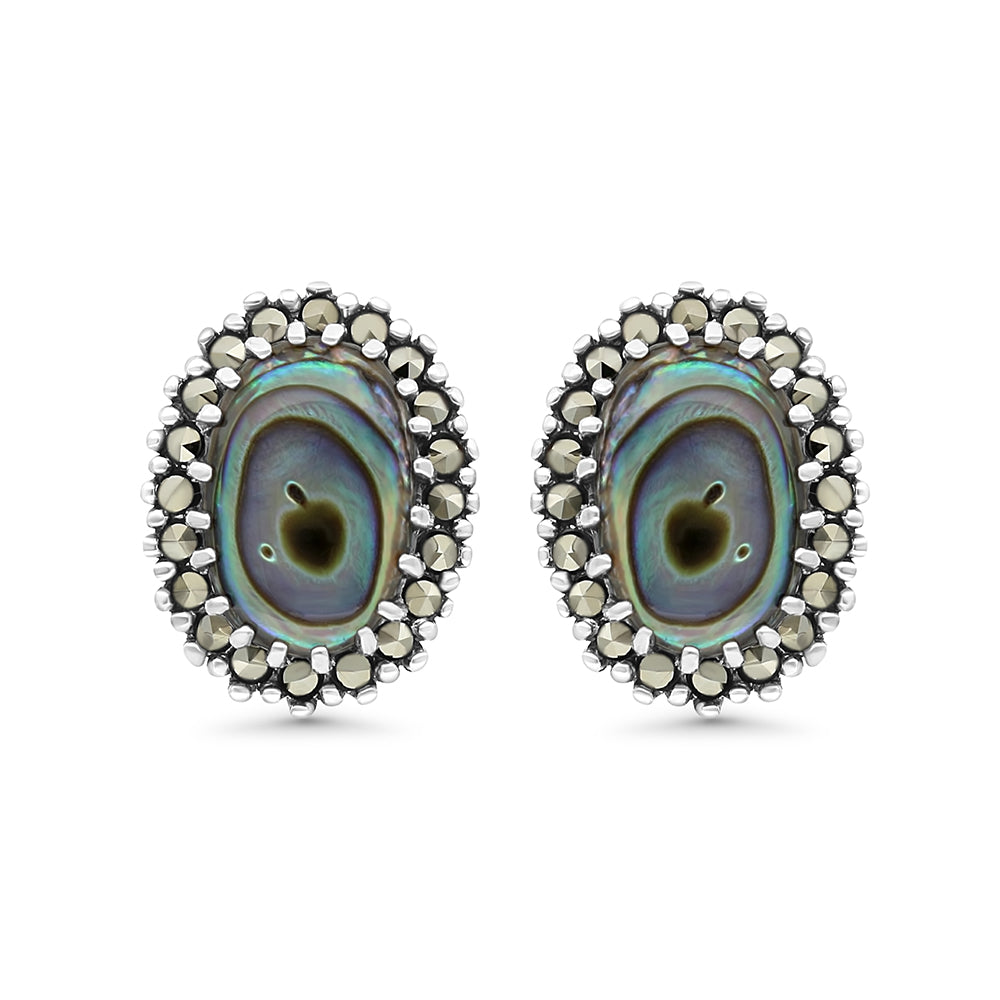 Sterling Silver 925 Earring Embedded With Natural Blue Shell And Marcasite Stones