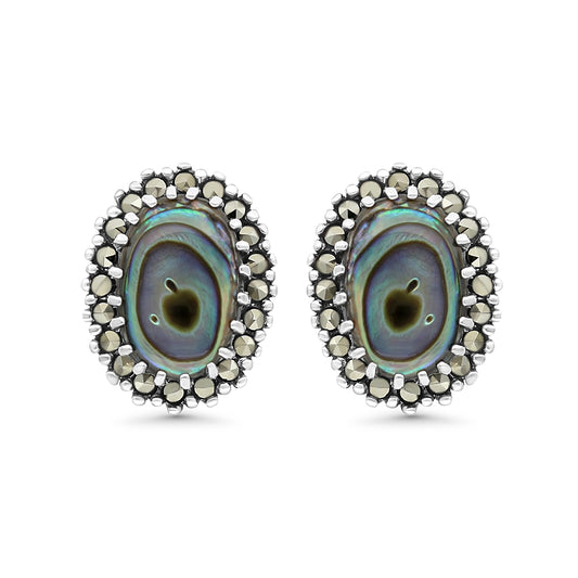 Sterling Silver 925 Earring Embedded With Natural Blue Shell And Marcasite Stones