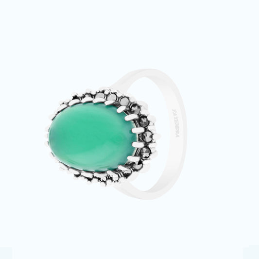 Sterling Silver 925 Ring Embedded With Natural Green Agate And Marcasite Stones