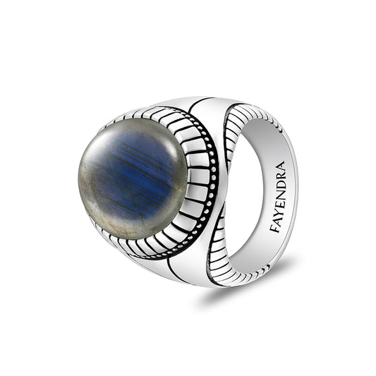Sterling Silver 925 Ring Rhodium And Black Plated Embedded With Cabochon Labradorite For Men
