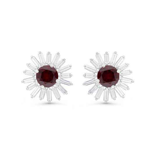 Sterling Silver 925 Earring Rhodium Plated Embedded With Ruby Corundum And White CZ
