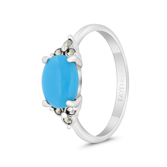 Sterling Silver 925 Ring Embedded With Natural Processed Turquoise And Marcasite Stones