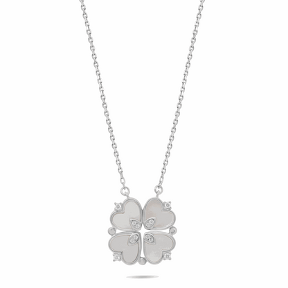 Sterling Silver 925 Necklace Rhodium Plated Embedded With White Shell And White Zircon