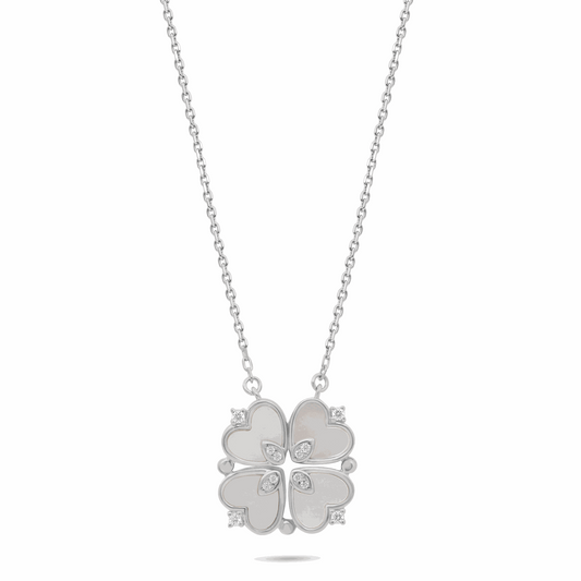 Sterling Silver 925 Necklace Rhodium Plated Embedded With White Shell And White Zircon