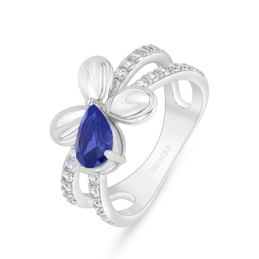 Sterling Silver 925 Ring Rhodium Plated Embedded With Sapphire Corundum And White Zircon